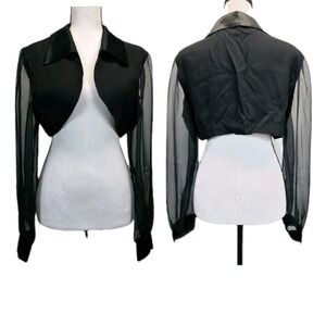 Vtg Bolero Shrug Sz 12 Black Satin Lace Sheer Cropped Y2K Goth Retro Fairy 3129
